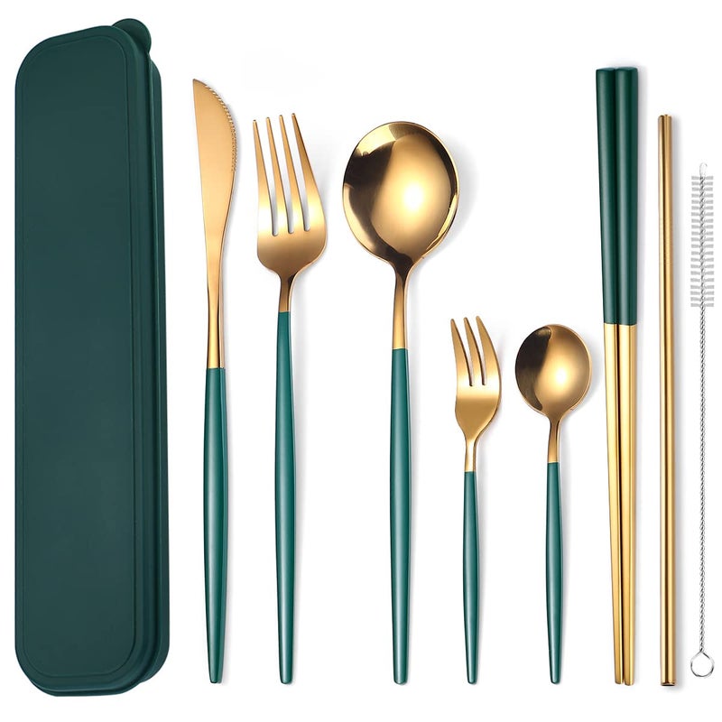 AARainbow 8 Pieces Stainless Steel Flatware Set Portable Reusable Cutlery Set Travel Utensils Set Including Chopsticks Knife Fork Spoon Straws Cleaning Brush Dishwasher Safe BPurple Golden