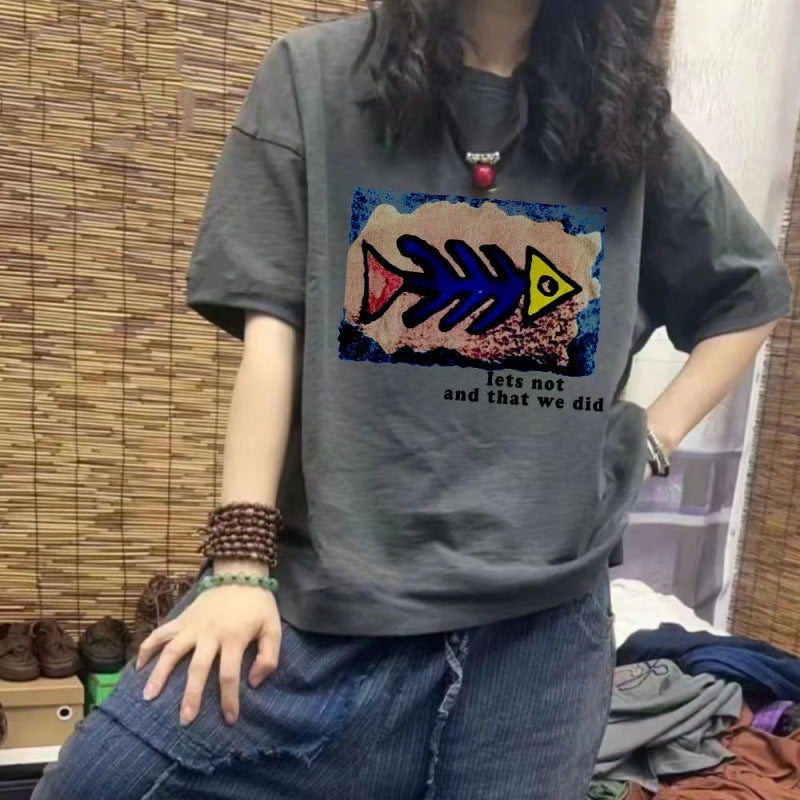 2024 Printed Short-Sleeved T-Shirt Women'S Korean-Style Loose Base Shirt Harajuku Style Artistic Half-Sleeved Top Trendy - Image 2