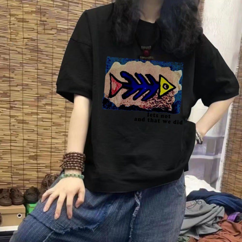 2024 Printed Short-Sleeved T-Shirt Women'S Korean-Style Loose Base Shirt Harajuku Style Artistic Half-Sleeved Top Trendy - Image 1
