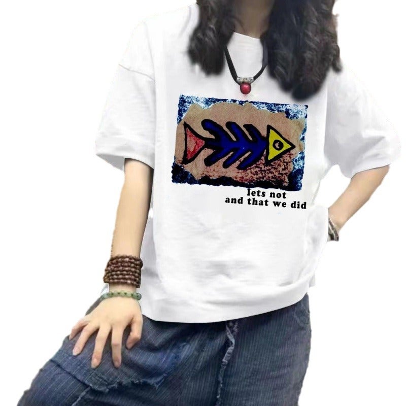 2024 Printed Short-Sleeved T-Shirt Women'S Korean-Style Loose Base Shirt Harajuku Style Artistic Half-Sleeved Top Trendy - Image 5