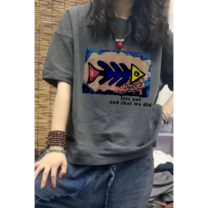 2024 Printed Short-Sleeved T-Shirt Women'S Korean-Style Loose Base Shirt Harajuku Style Artistic Half-Sleeved Top Trendy - Image 3