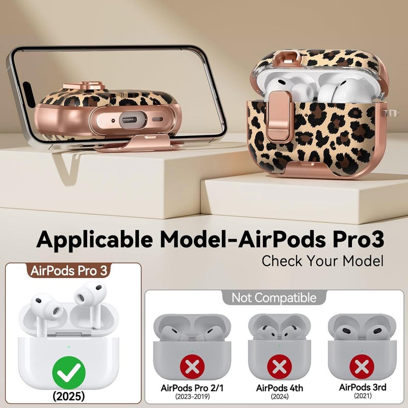 Polislime for AirPods Pro 3 Case 2025, with Safty Lock & Phone Stand for Floral AirPods Pro 3 Generation Case Cover for Women Girly, iPod Pro 3 Case with Keychain & Cleaner Kit - Leopard Print - Image 2