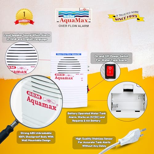SSMAQUAMAX SSM Aquamax ® Water Tank Alarm Bell Overflow Protection - Battery Operated - 15 Meter Wire & Sensors Included - Loud Human Voice in Hindi and English - 1 Year Warranty - Image 2