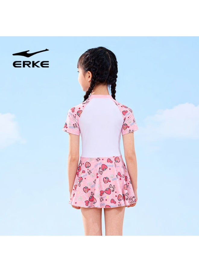 Erke Kids Girls Short Sleeve One-piece Skirted Swimsuit Comfortable Breathable Beach Swimwear - Image 4
