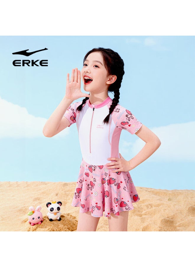Erke Kids Girls Short Sleeve One-piece Skirted Swimsuit Comfortable Breathable Beach Swimwear - Image 3