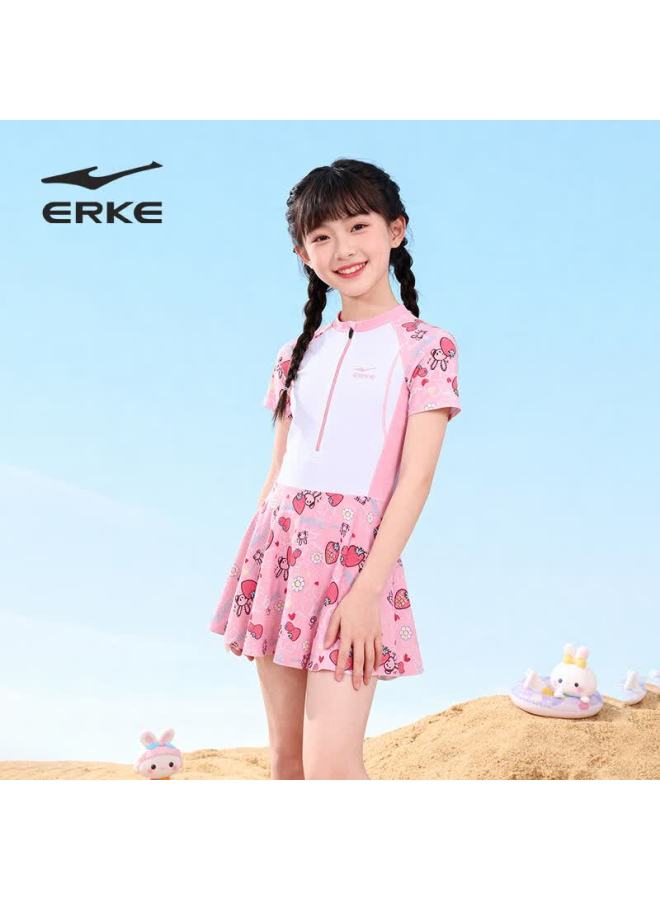 Erke Kids Girls Short Sleeve One-piece Skirted Swimsuit Comfortable Breathable Beach Swimwear - Image 2