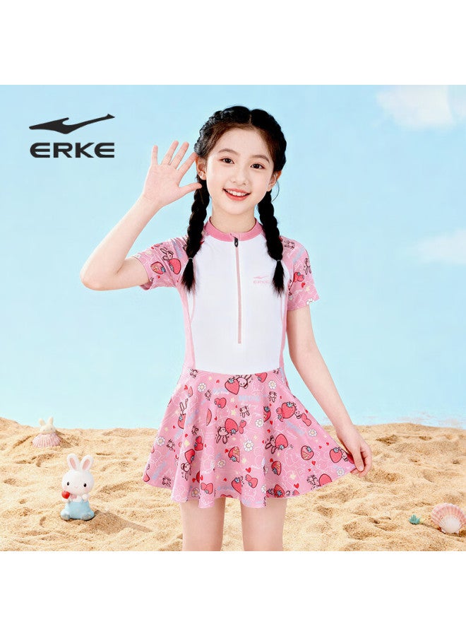 Erke Kids Girls Short Sleeve One-piece Skirted Swimsuit Comfortable Breathable Beach Swimwear - Image 1