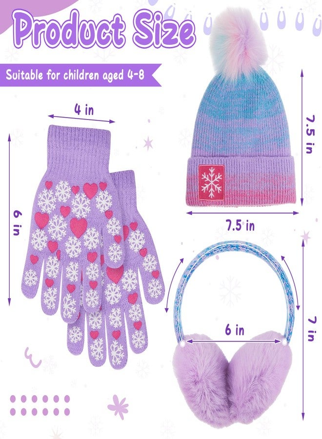 Jamntower 3 Pcs Kids Winter Hat with Pom Pom and Earmuffs Gloves Set for Girls Boys Gifts, Beanie with Warm Fleece Lined(Purple,Snowflake) - Image 2