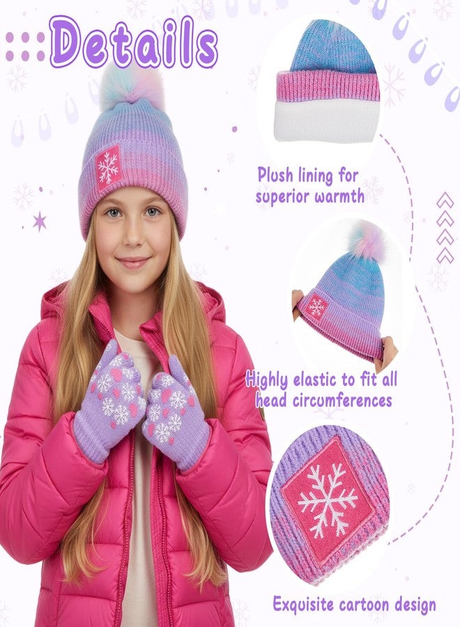Jamntower 3 Pcs Kids Winter Hat with Pom Pom and Earmuffs Gloves Set for Girls Boys Gifts, Beanie with Warm Fleece Lined(Purple,Snowflake) - Image 3