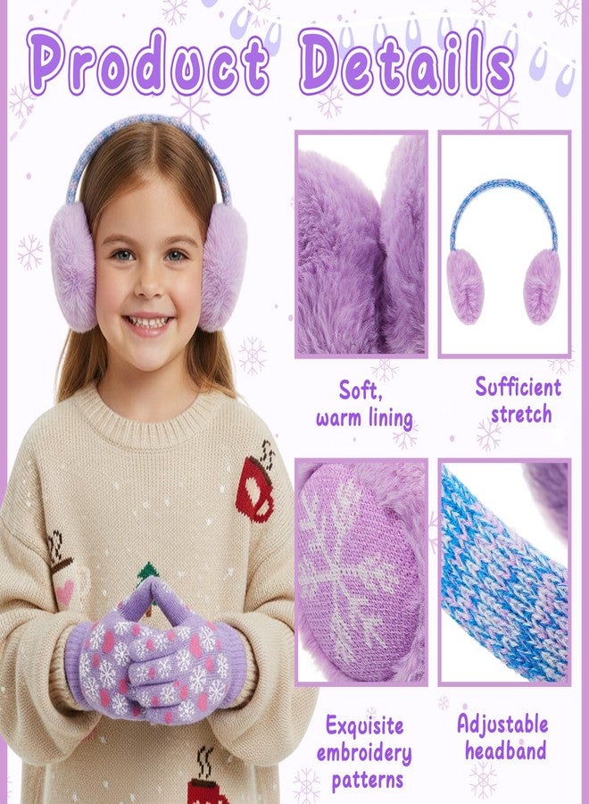 Jamntower 3 Pcs Kids Winter Hat with Pom Pom and Earmuffs Gloves Set for Girls Boys Gifts, Beanie with Warm Fleece Lined(Purple,Snowflake) - Image 4