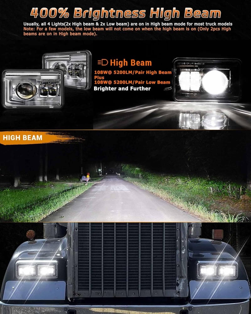 Z-OFFROAD DOT Approved 4x6 LED Headlights Assembly Hi/Lo Sealed Beam - 4PCS Chrome - Image 3