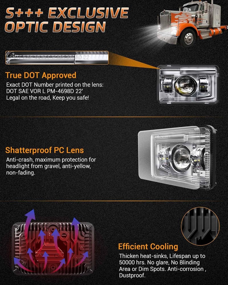 Z-OFFROAD DOT Approved 4x6 LED Headlights Assembly Hi/Lo Sealed Beam - 4PCS Chrome - Image 2