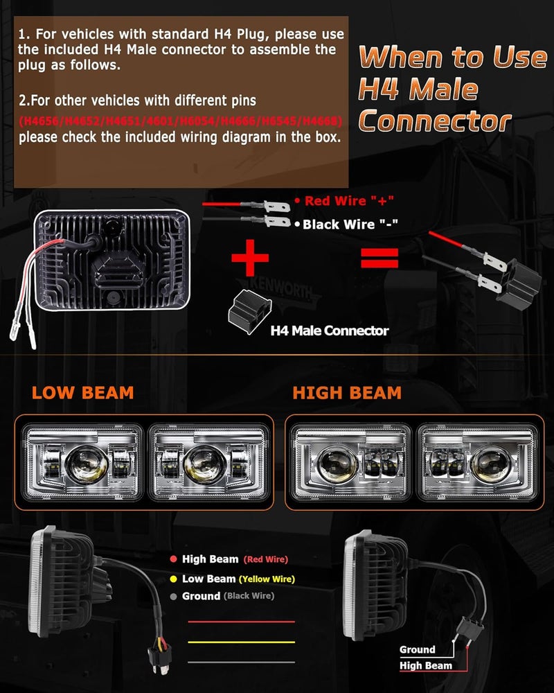 Z-OFFROAD DOT Approved 4x6 LED Headlights Assembly Hi/Lo Sealed Beam - 4PCS Chrome - Image 5