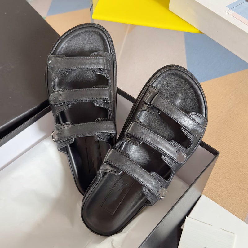 New Leather Magic Strap Womens Slippers Black