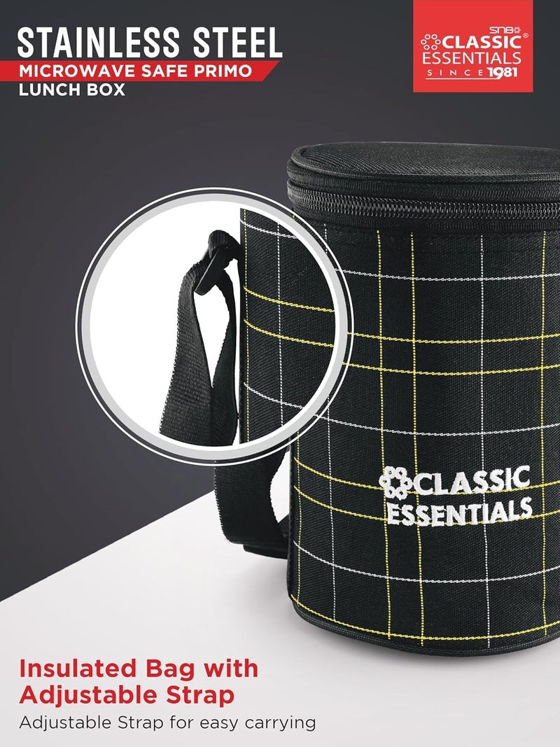 CLASSIC ESSENTIALS Lunch Box, Microwave Safe & Leak Proof, 3 Inside Steel Containers with BPA Free Lids (250ml, 400ml & 600ml), Insulated Fabric Bag (Black) - Image 4