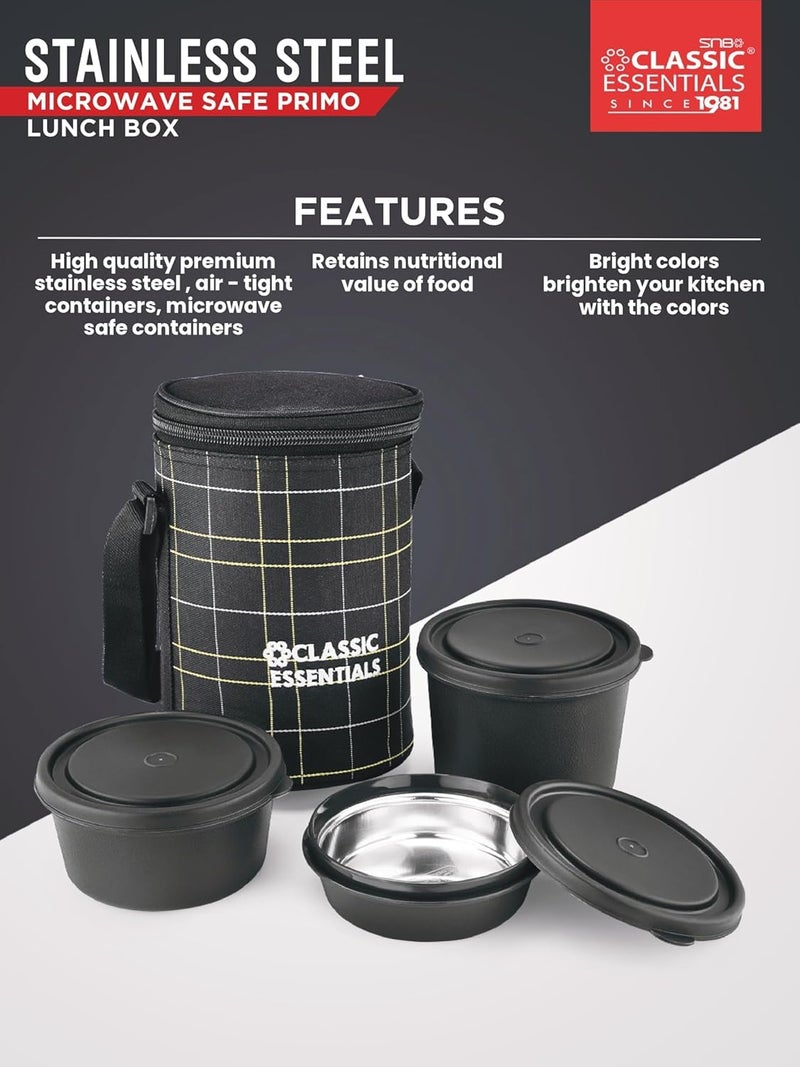 CLASSIC ESSENTIALS Lunch Box, Microwave Safe & Leak Proof, 3 Inside Steel Containers with BPA Free Lids (250ml, 400ml & 600ml), Insulated Fabric Bag (Black) - Image 3