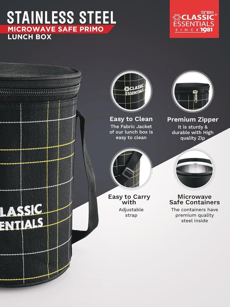 CLASSIC ESSENTIALS Lunch Box, Microwave Safe & Leak Proof, 3 Inside Steel Containers with BPA Free Lids (250ml, 400ml & 600ml), Insulated Fabric Bag (Black) - Image 5