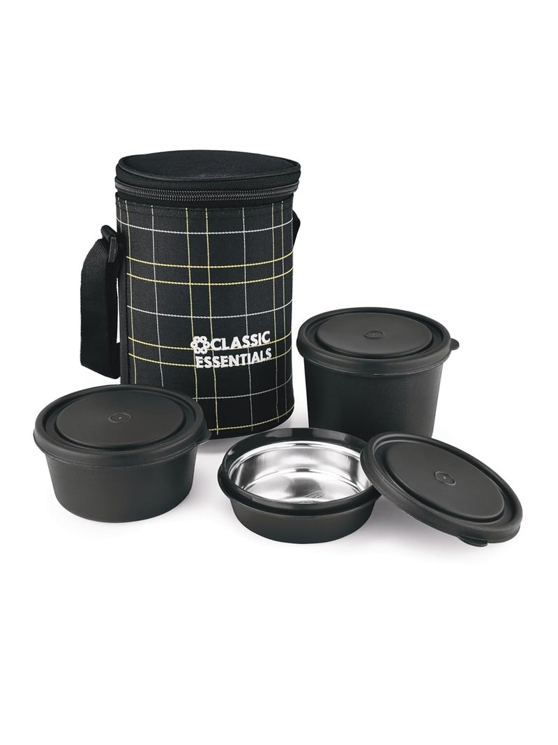 CLASSIC ESSENTIALS Lunch Box, Microwave Safe & Leak Proof, 3 Inside Steel Containers with BPA Free Lids (250ml, 400ml & 600ml), Insulated Fabric Bag (Black) - Image 2