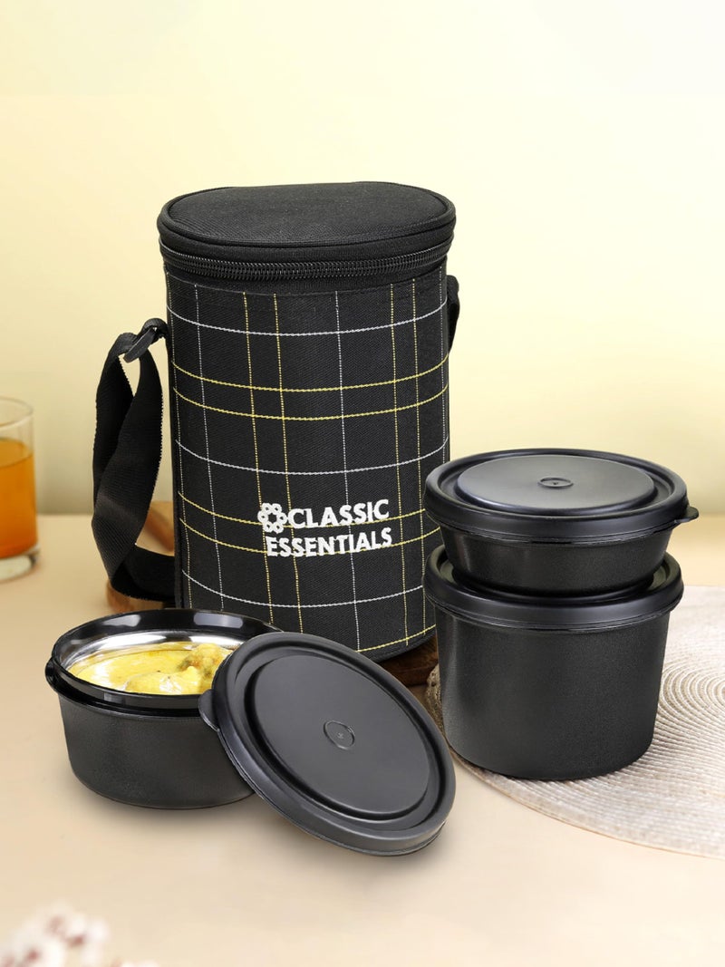 CLASSIC ESSENTIALS Lunch Box, Microwave Safe & Leak Proof, 3 Inside Steel Containers with BPA Free Lids (250ml, 400ml & 600ml), Insulated Fabric Bag (Black) - Image 1