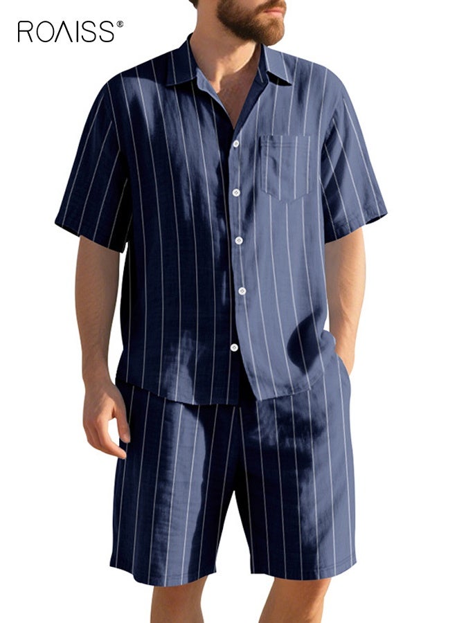 roaiss Men's Linen Short Sleeve Shorts Set Striped Jacquard Beachwear Two-Piece Outfit Breathable Lightweight Fabric with Relaxed Fit for Summer Casual Style Navy Blue - Image 1