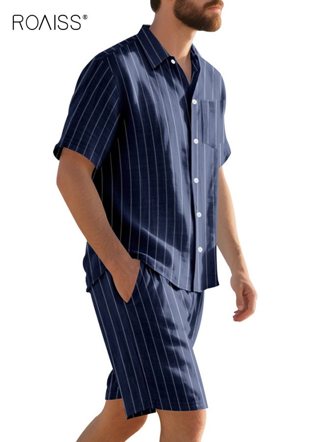 roaiss Men's Linen Short Sleeve Shorts Set Striped Jacquard Beachwear Two-Piece Outfit Breathable Lightweight Fabric with Relaxed Fit for Summer Casual Style Navy Blue - Image 3