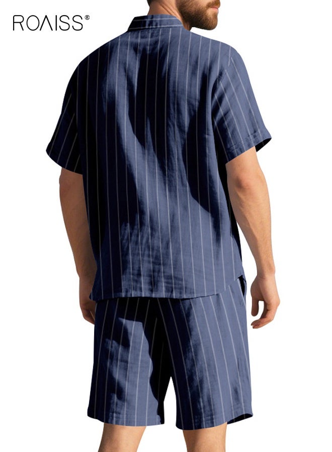 roaiss Men's Linen Short Sleeve Shorts Set Striped Jacquard Beachwear Two-Piece Outfit Breathable Lightweight Fabric with Relaxed Fit for Summer Casual Style Navy Blue - Image 2
