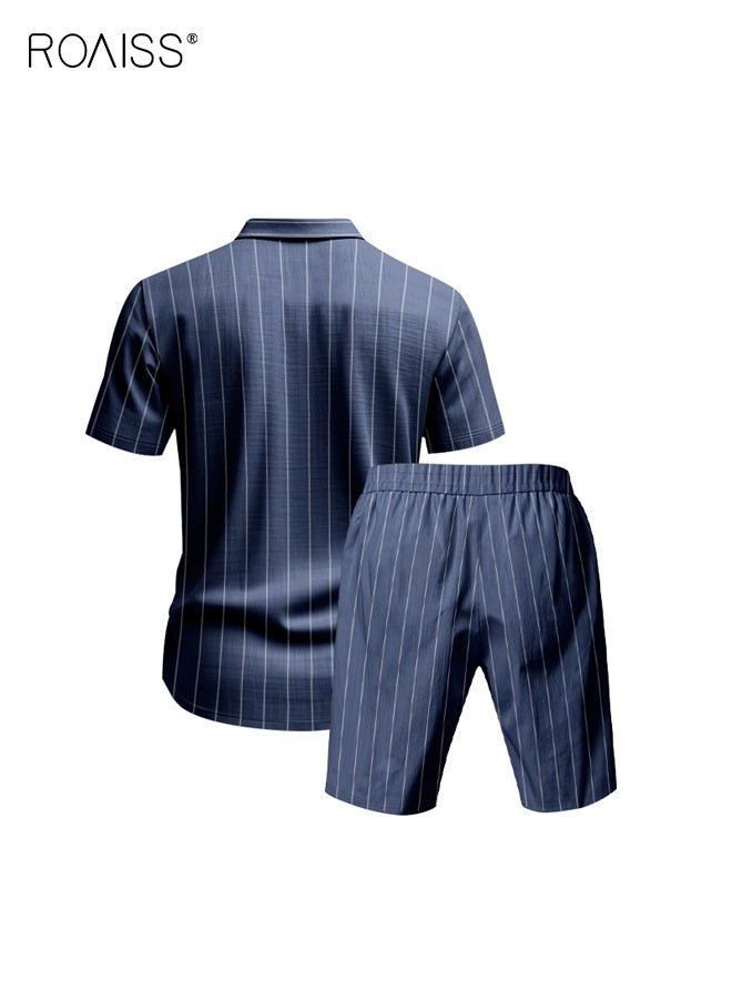 roaiss Men's Linen Short Sleeve Shorts Set Striped Jacquard Beachwear Two-Piece Outfit Breathable Lightweight Fabric with Relaxed Fit for Summer Casual Style Navy Blue - Image 5