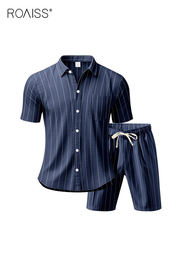 roaiss Men's Linen Short Sleeve Shorts Set Striped Jacquard Beachwear Two-Piece Outfit Breathable Lightweight Fabric with Relaxed Fit for Summer Casual Style Navy Blue - Image 4