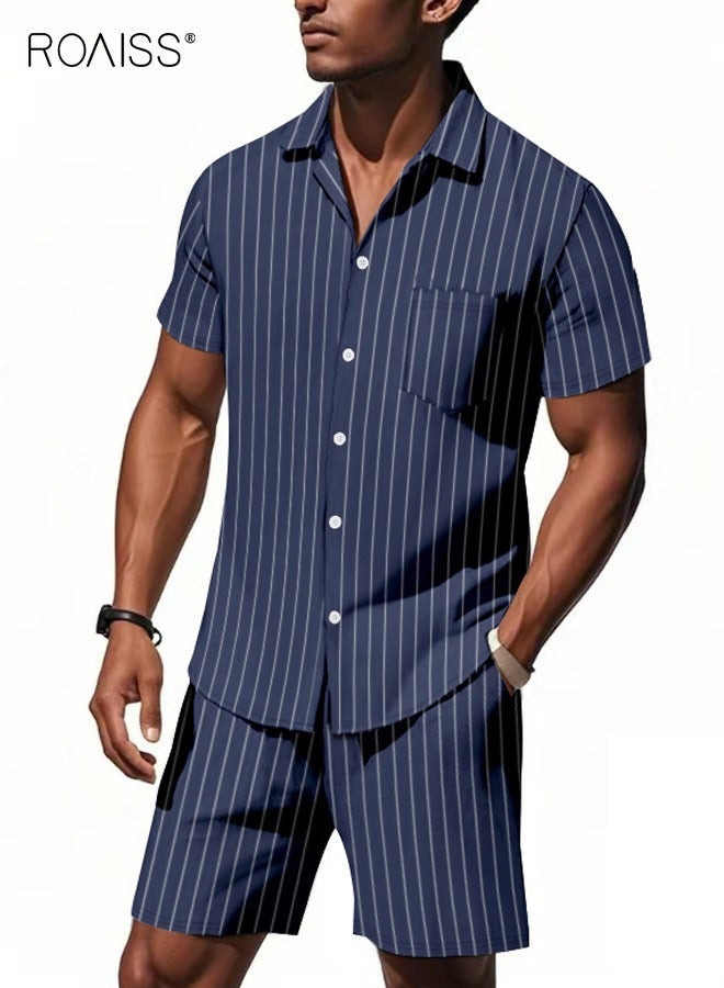 roaiss Men 2PCS Summer Outfit, Striped Loungewear Set with Short Sleeve Shirt and Elastic Waist Shorts, Skin-friendly Top and Drawstring Short Pants Set for Men, Perfect for Daily Wear or Any Casual Occasion - Image 2