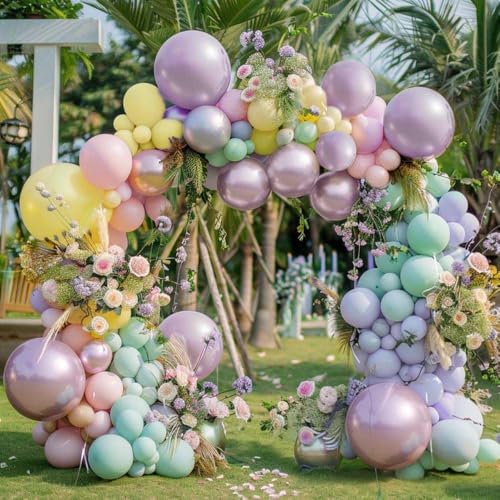 Partycus Pastel Balloon Garland Arch Kit Double Stuffed, Baby Pink Purple Yellow Green Balloons with Metallic Lilac Latex for Baby Shower Princess Birthday Christmas Party Decoration - Image 1