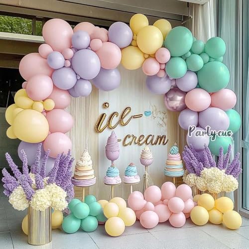 Partycus Pastel Balloon Garland Arch Kit Double Stuffed, Baby Pink Purple Yellow Green Balloons with Metallic Lilac Latex for Baby Shower Princess Birthday Christmas Party Decoration - Image 2