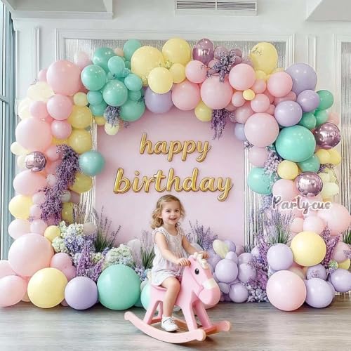 Partycus Pastel Balloon Garland Arch Kit Double Stuffed, Baby Pink Purple Yellow Green Balloons with Metallic Lilac Latex for Baby Shower Princess Birthday Christmas Party Decoration - Image 5