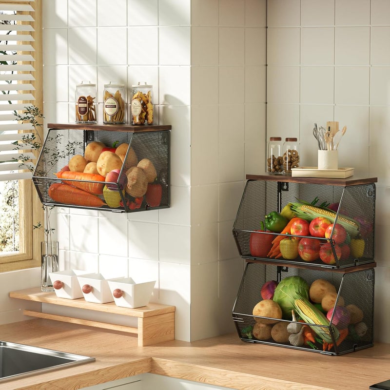 Litwaro Fruit Basket Wire Baskets with Wood Lid, Wall Mounted Produce Basket for Snack, Fruit and Vegetable Storage, Countertop Onion and Potato Storage, 3 Pack Stackable Kitchen Counter Organizer - Image 1