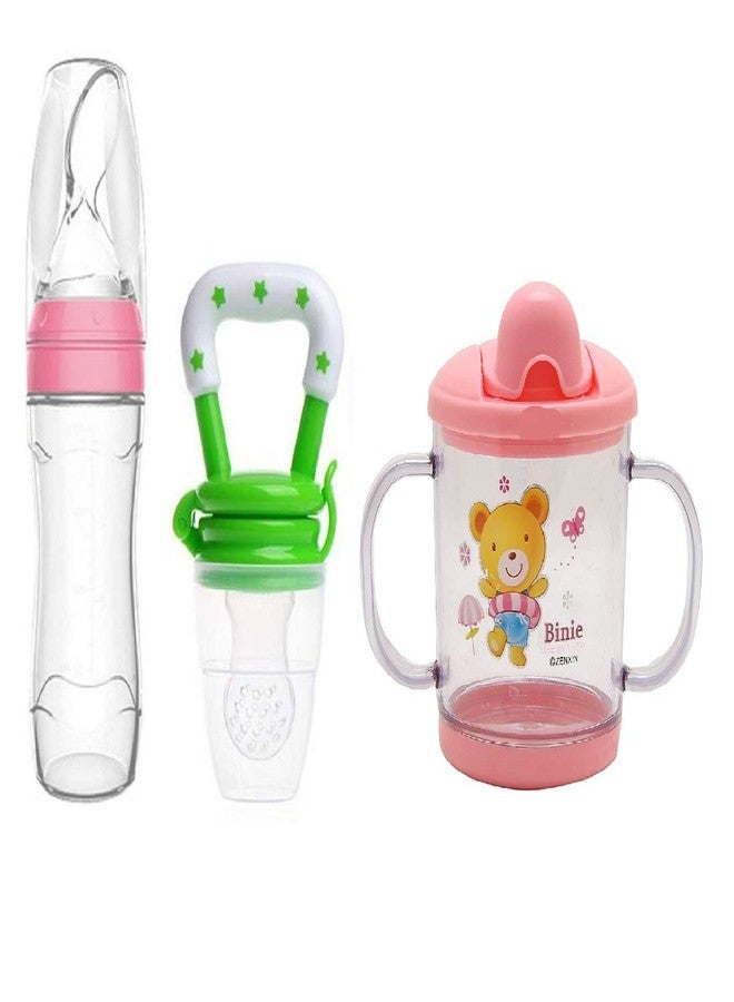 Lappu Baby Rice Paste Food Feeder with Baby Fruit Nibbler & Spout Sipper (Combo) (Pink-Green-Pink) - Image 1
