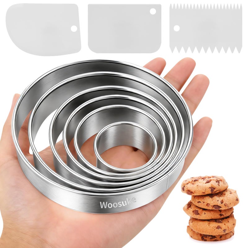 Woosuke 9Pcs Round Cookie Cutter Set - Stainless Steel Biscuit Cutters(2,3,3.5,4,5,6Inch) with 3 Firm Plastic Dough Scrapers - Large Circle Cookie Cutter for Baking Pastry, Donuts, Fondant & Brownies - Image 1