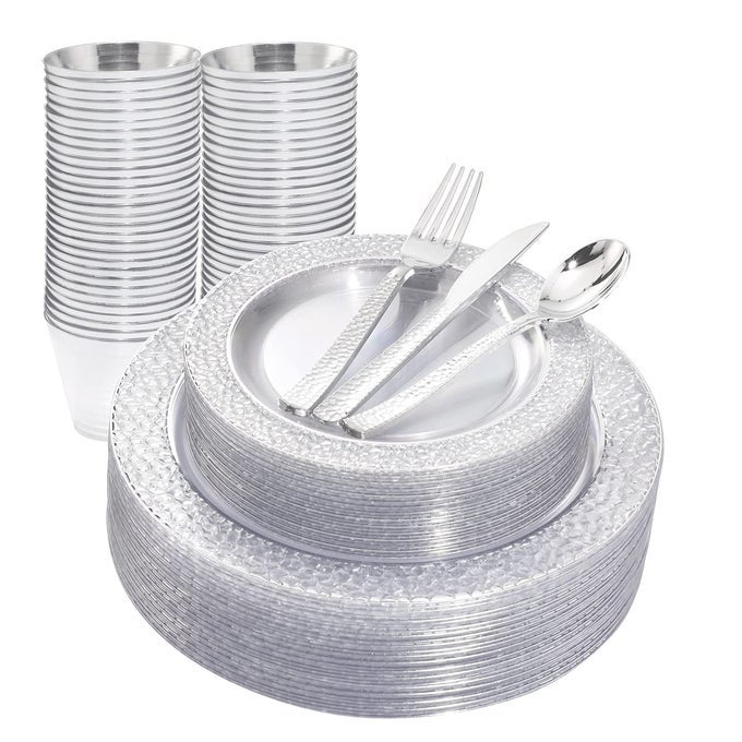 150PCS CLEAR SILVER PLASTIC PLATES SILVER DISPOSABLE PLATES INCLUDE 25DINNER PLATE 25DESSERT PLATE 25FORKS 25KNIVES 25SPOONS 25CUPS FOR WEDDINGS PARTIES