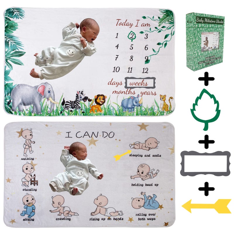vmaisi Baby Milestone Blanket Gifts Newborn Boy Girl Monthly Year Infant Growth Blankets Nursery Swaddling Blankets Green Animals Baby Double Printed - Image 3