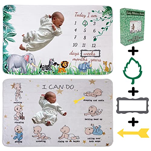 vmaisi Baby Milestone Blanket Gifts Newborn Boy Girl Monthly Year Infant Growth Blankets Nursery Swaddling Blankets Green Animals Baby Double Printed - Image 1