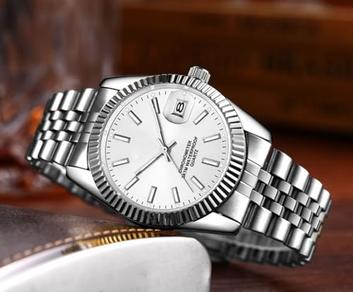 SENRUD Men's Classic Design Analog Quartz Watches Fashion Business Watch Stainless Steel Waterproof Date Casual Wrist Watch for Men (01 Silver) - Image 2