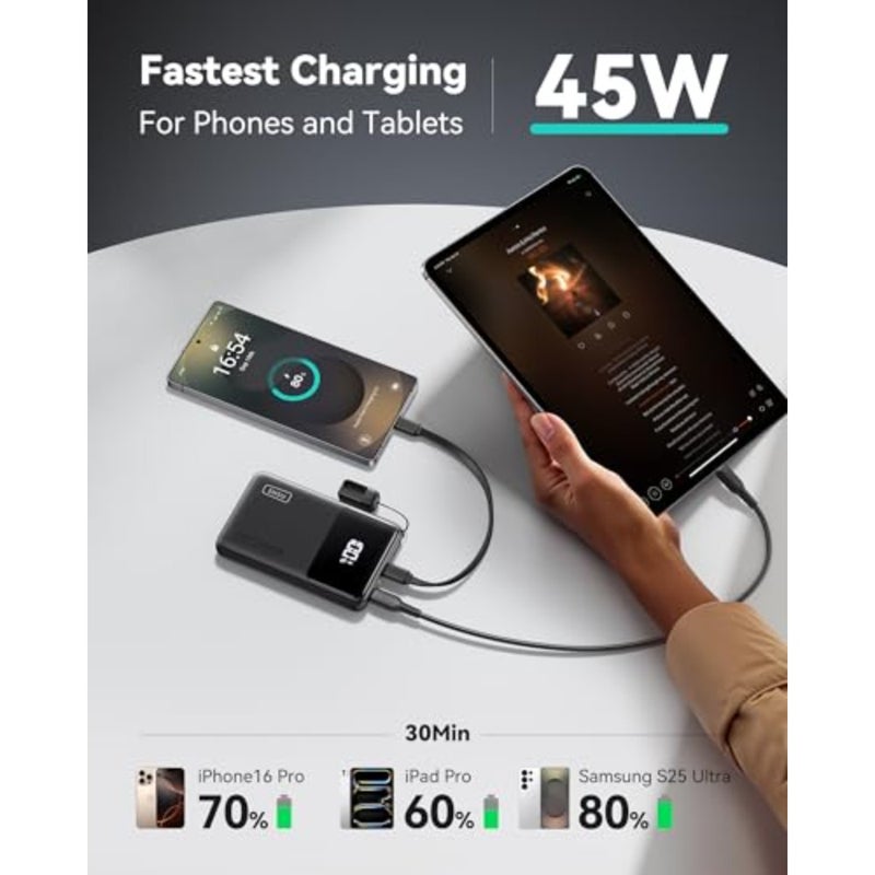 Power Bank, Slimmest 10000mAh 45W PD Fast Charging Portable Charger, USB C inandOut Mini Battery Pack, Travel Essentials Phone Powerbank for iPhone 16 15 Samsung S25 S24 Google Pixel iPad etc Detachable USB-C Cable, Stand, Flight-Safe, Travel, Flashlight, Battery Pack for iPhone 17 16, Samsung S26, iPad etc - Image 3