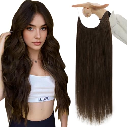 Fshine Invisible Wire Hair Extensions Dark Brown 10 Inch 50 G Hidden Wire Human Hair Extensions Layered Hairpiece Clip in One Piece Straight Hair for Women Add Volume - Image 1