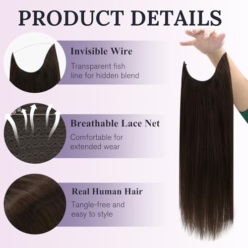 Fshine Invisible Wire Hair Extensions Dark Brown 10 Inch 50 G Hidden Wire Human Hair Extensions Layered Hairpiece Clip in One Piece Straight Hair for Women Add Volume - Image 2