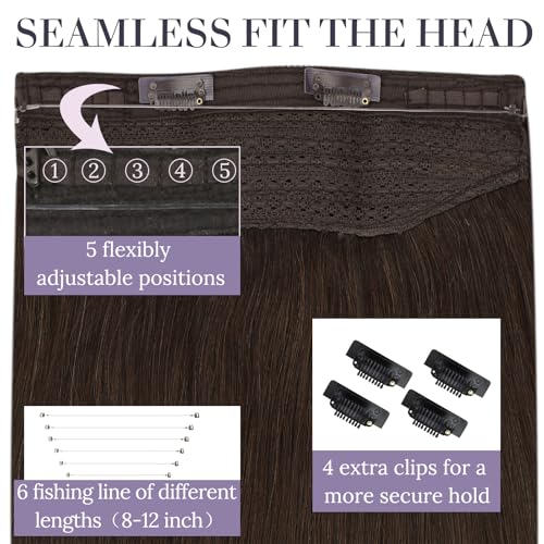 Fshine Invisible Wire Hair Extensions Dark Brown 10 Inch 50 G Hidden Wire Human Hair Extensions Layered Hairpiece Clip in One Piece Straight Hair for Women Add Volume - Image 4
