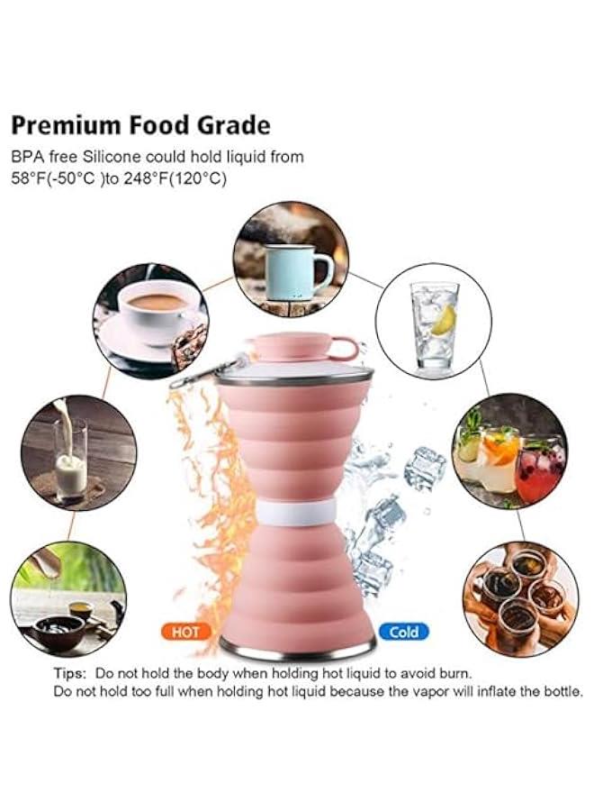 HOOKOR Collapsible Water Bottle, Camping Cup With Carabiner, Reuseable Silicone Foldable Leak Proof Portable Sports For Outdoor, Travel Gym Hiking, Cycling Cups (PINK) - Image 4