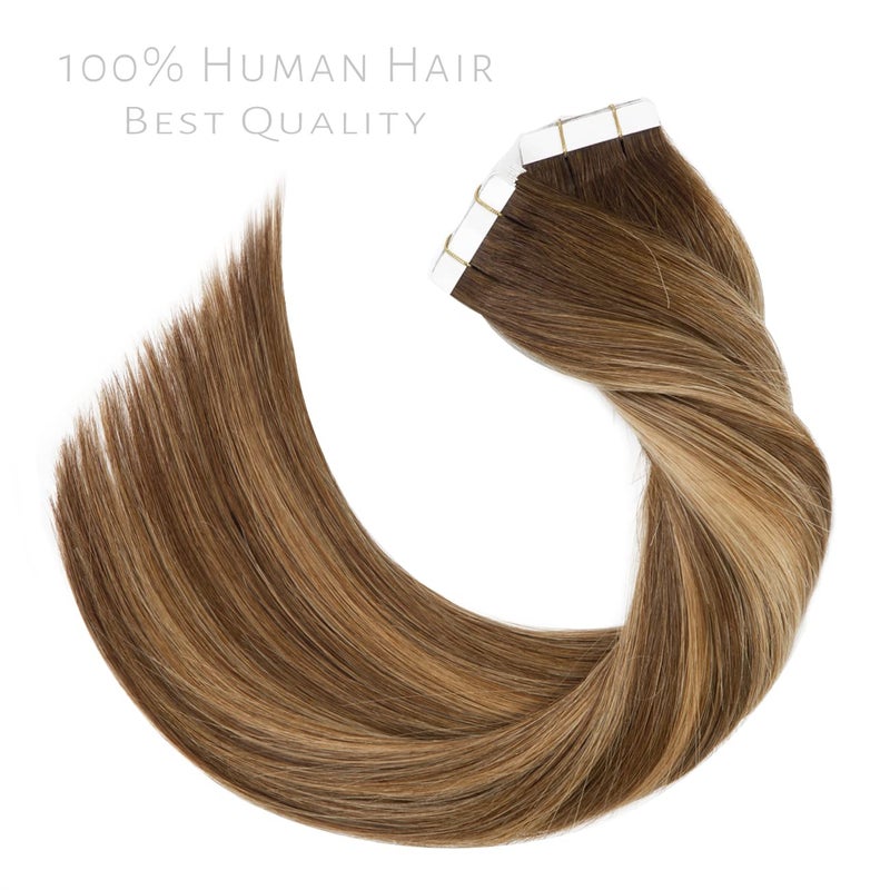 Lacer Tape in Hair Extensions Remy Human Hair 20 Pieces 50 Grams Chocolate Brown to Strawberry Blonde Highlights with Chocolate Brown Roots R#4-4/27 22 Inches - Image 3