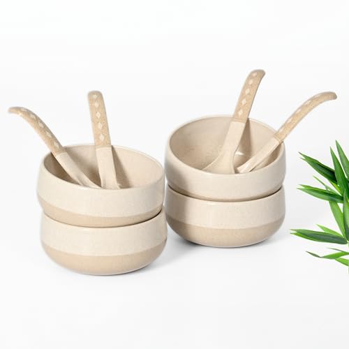 Eha Earth-Friendly Soup Bowls with Spoons | 250 ml | Made with Rice Husk Biocomposite | Microwave Safe Bowls for Kitchen | Serving Bowl Set of 4 | Sand Castle - Image 1