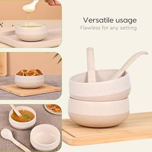 Eha Earth-Friendly Soup Bowls with Spoons | 250 ml | Made with Rice Husk Biocomposite | Microwave Safe Bowls for Kitchen | Serving Bowl Set of 4 | Sand Castle - Image 5