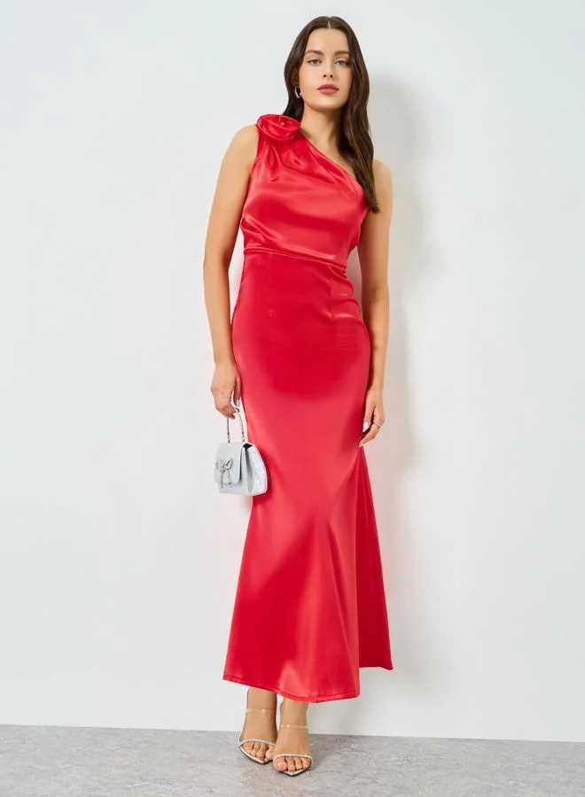 Take Two Red Satin One Shoulder Floral Detail Maxi Dress