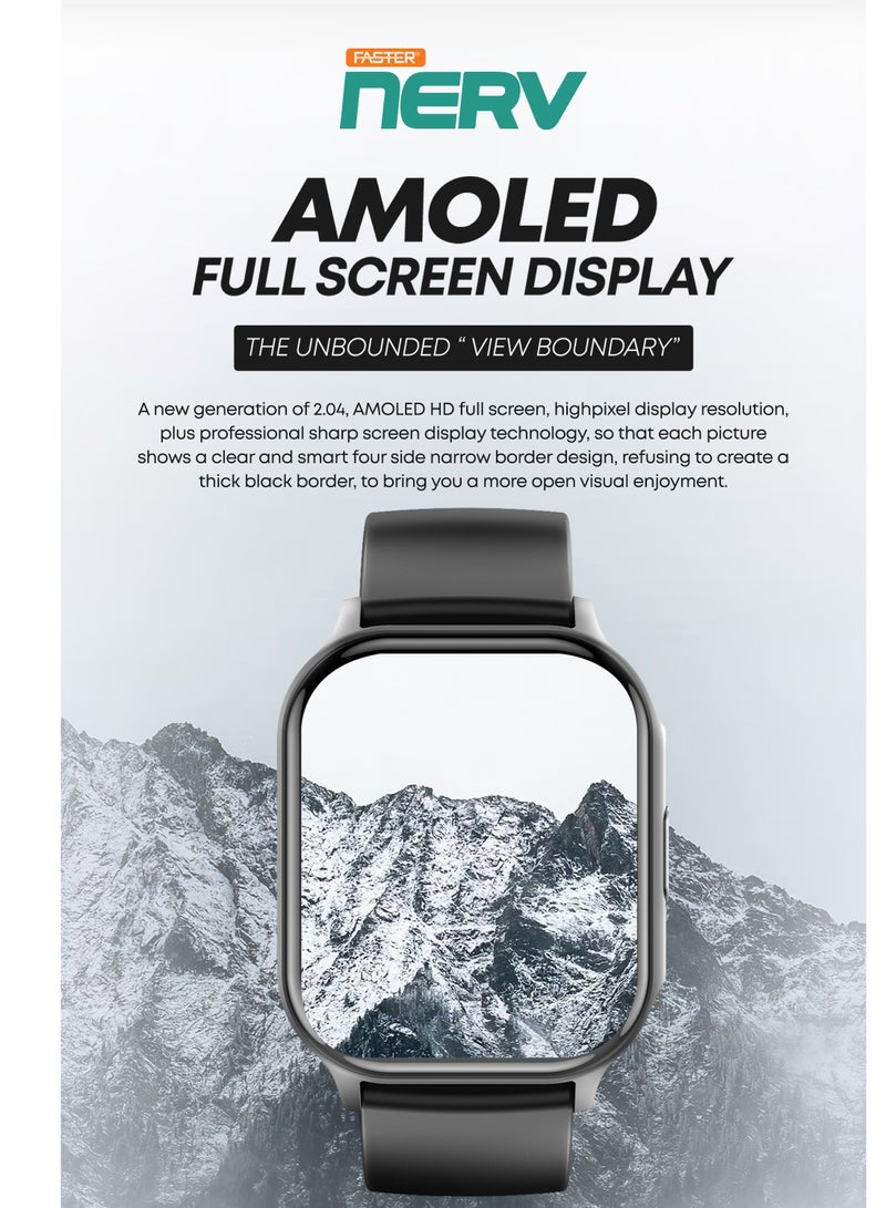 فاستر ساعة ذكية Amoled مقاس 2.04 بوصة تعرض اتصال بلوتوث دائمًا، نظام تتبع معدل ضربات القلب للرجال، مقاومة للماء IP68، بطارية 260 مللي أمبير، تدعم Android IOS - Image 2
