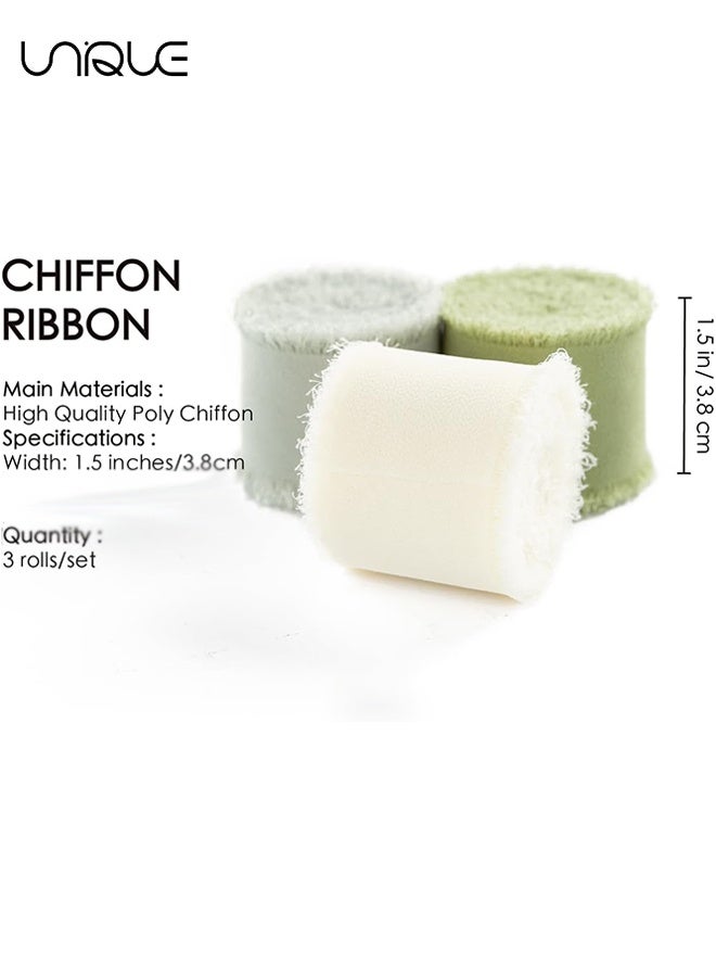 Unique Handmade Tassel Chiffon Ribbon - 3 Rolls of 4cm x 5m Sage Green Series Ribbon Set for Wedding Invitations/Bridal Bouquets/Gift Wrapping/DIY Crafts - Image 2